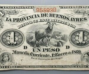 ARGENTINA BUENOS AIRES AYRES 1 PESO 1/01/1869 PS-481 BC+/MBC-