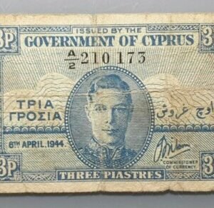 CHIPRE CYPRUS GEORGE VI 3 PIASTRES 6/04/1944 P-28a BC+/MBC-