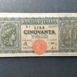 ITALIA ITALY 50 LIRE 50 LIRAS 1944 "ITALIA TURRITA" P-74 BC++/MBC-