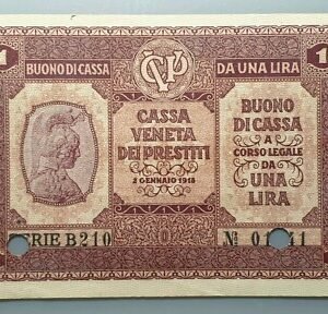 ITALIA CASSA VENETA DEI PRESTITI 1 LIRA 1918 P-M4A ANULADO 2 AGUJEROS EBC+/SC-