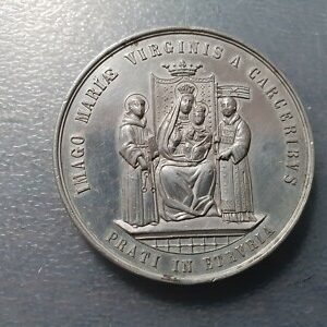 MEDALLA RELIGIOSA GRANDE 1884 ITALIA PRATO TOSCANA VIRGEN DE LAS CARCELES 50 mm
