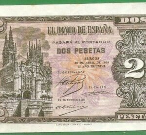 ESPAÑA SPAIN 2 PESETAS ABRIL 1938 BURGOS P-109 EBC+/SC-