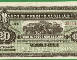 URUGUAY MONTEVIDEO BANCO DE CREDITO AUXILIAR 20 PESOS DE ORO SELLADO 1887 EBC