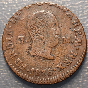 ESPAÑA NAVARRA PAMPLONA FERNANDO VII 3 MARAVEDIS 1826 PP MBC