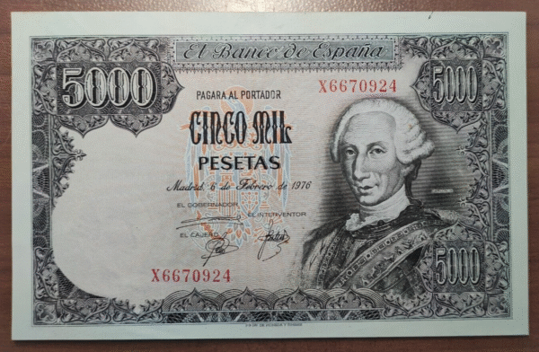 SPAIN ESPAÑA 5000 PESETAS 1976 P 155 EBC