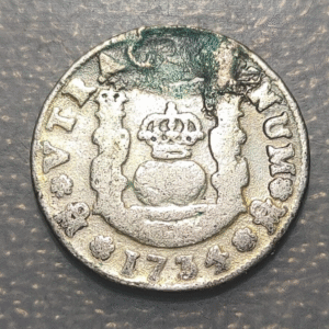 MEXICO FELIPE V SPANISH COLONIAL 1 REAL 1734 MF HOLED & REPAIRED GOLD PLATED