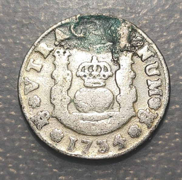 MEXICO FELIPE V SPANISH COLONIAL 1 REAL 1734 MF HOLED & REPAIRED GOLD PLATED