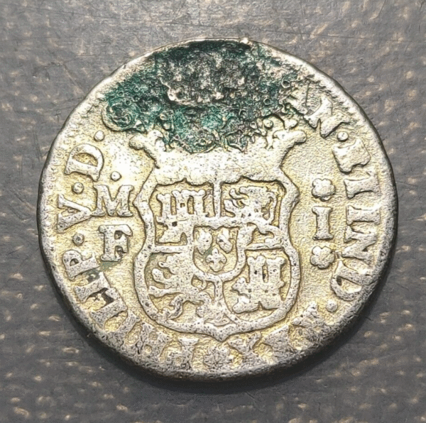 MEXICO FELIPE V SPANISH COLONIAL 1 REAL 1734 MF HOLED & REPAIRED GOLD PLATED - Imagen 2