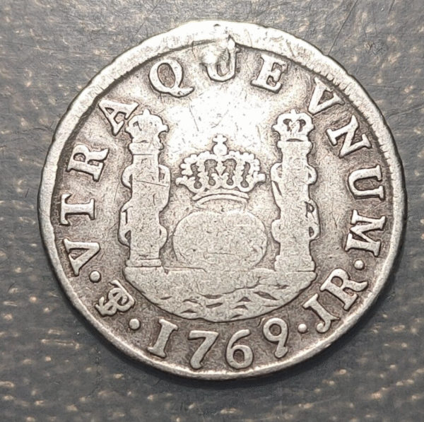 BOLIVIA POTOSI CHARLES III SPANISH COLONIAL 1 REAL 1769 JR HOLED &REPAIRED 3,15g