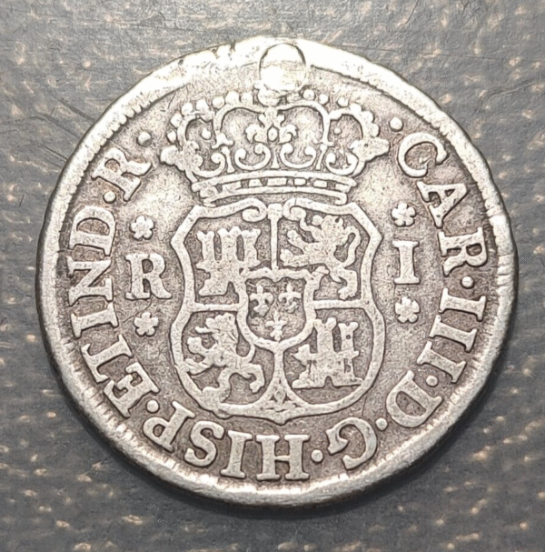 BOLIVIA POTOSI CHARLES III SPANISH COLONIAL 1 REAL 1769 JR HOLED &REPAIRED 3,15g - Imagen 2