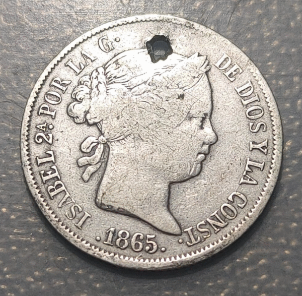 SPAIN MADRID ISABEL II 40 CENTIMOS DE ESCUDO 1865 HOLED