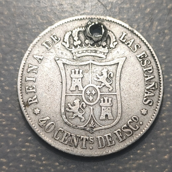SPAIN MADRID ISABEL II 40 CENTIMOS DE ESCUDO 1865 HOLED - Imagen 2