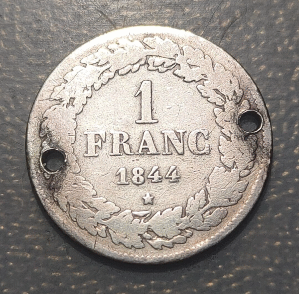 BELGIUM LEOPOLD I 1 FRANC 1844 2 HOLES - Imagen 2