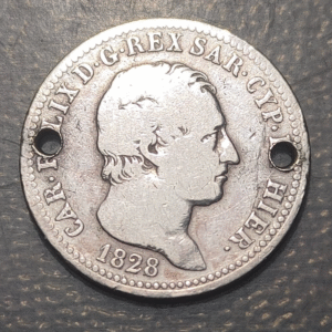 ITALY SARDINIA SAVOY CARLO FELICE 1 LIRA 1882 GENUA 2 HOLES