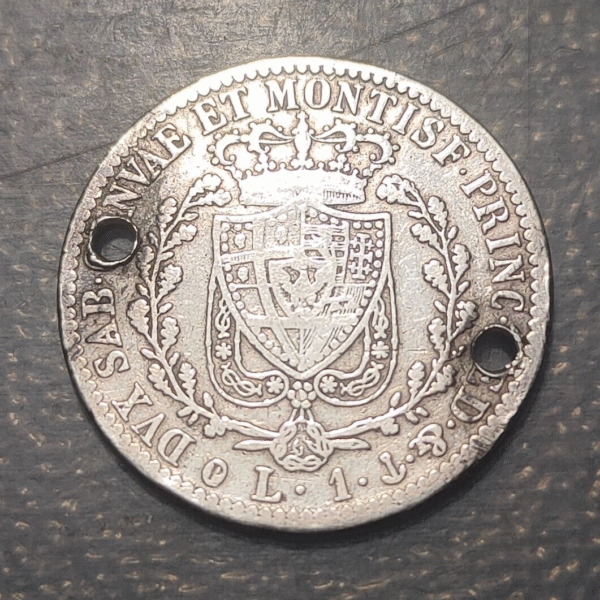 ITALY SARDINIA SAVOY CARLO FELICE 1 LIRA 1882 GENUA 2 HOLES - Imagen 2