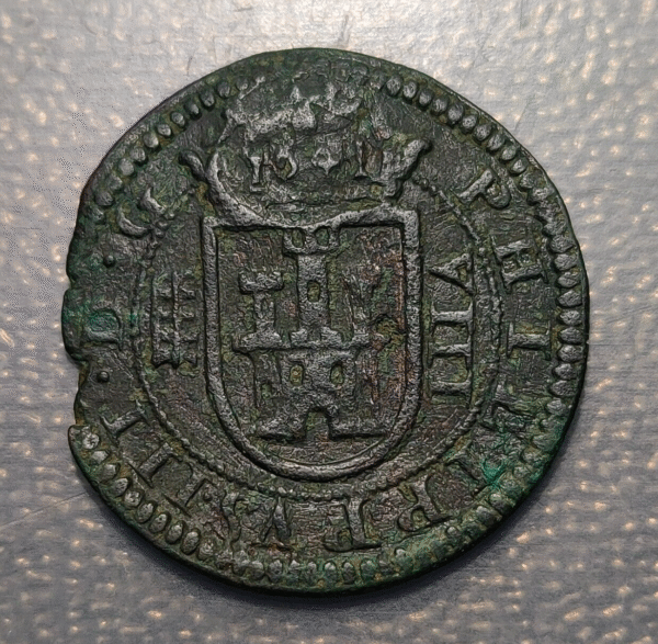 ESPAÑA SPAIN FELIPE IV RESELLADA XII MARAVEDIS 1641 SOBRE 8 MARAVEDIS 1606 - Imagen 2