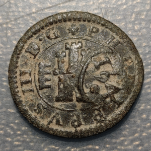 ESPAÑA SPAIN FELIPE IV RESELLADA 6 MARAVEDIS VI 1641 TOLEDO SOBRE 4 MR INGENIO