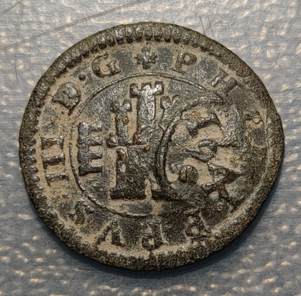 ESPAÑA SPAIN FELIPE IV RESELLADA 6 MARAVEDIS VI 1641 TOLEDO SOBRE 4 MR INGENIO
