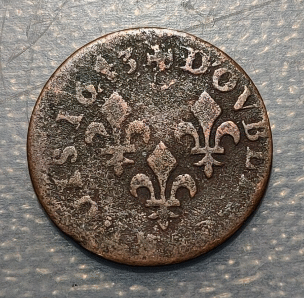 FRANCIA FRANCE LOUIS XIII DOBLE TOURNOIS 1643 H LA ROCHELLE - Imagen 2