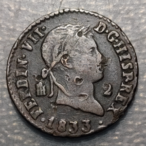 ESPAÑA SEGOVIA FERNANDO VII 2 MARAVEDIS 1833