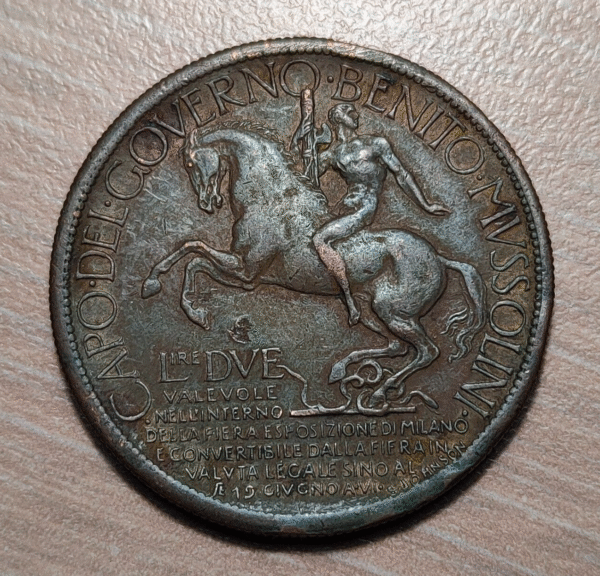 ITALIA REINO VITTORIO EMANUELE III 20 CENTESIMI 1928 BONO EXPOSICION MILAN MBC - Imagen 2