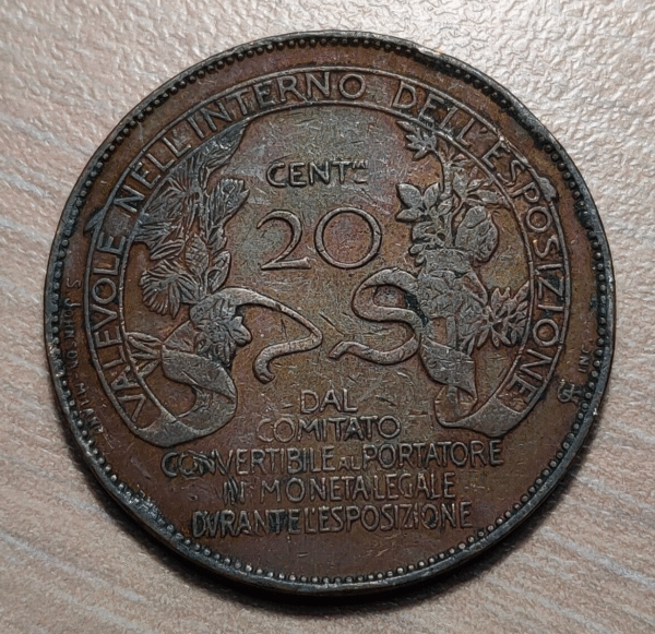 ITALIA REINO VITTORIO EMANUELE III MILAN 20 CENTESIMI 1906 BONO EXPOSICION MBC- - Imagen 2