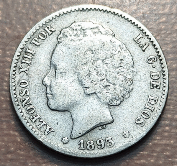 ESPAÑA ALFONSO XIII 1 PESETA 1893 ESTRELLAS PARCIALMENTE VISIBLES MBC-