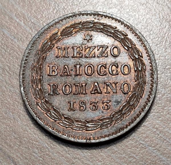ESTADOS PAPALES VATICANO GREGORIO XVI 1/2 BAIOCCO 1833 B EBC - Imagen 2
