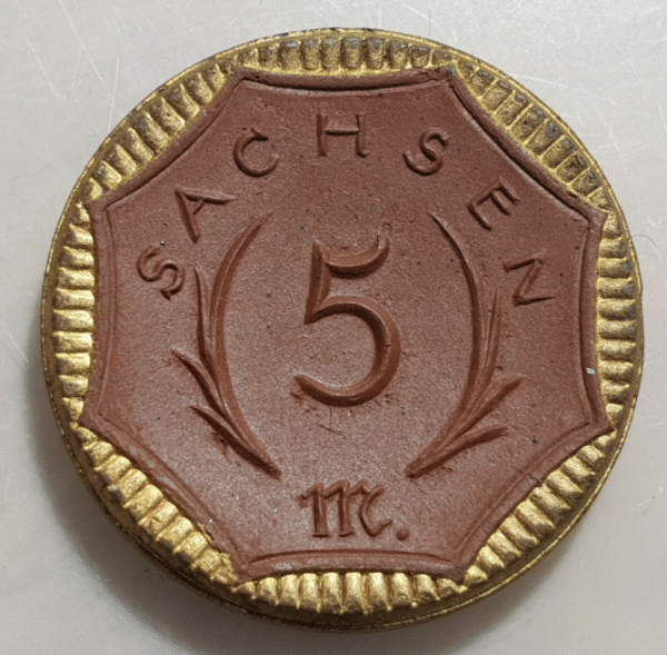 ALEMANIA GERMANY SAJONIA SACHSEN SAXONY 5 MARK 5 MARCOS 1921 PORCELANA 25 mm - Imagen 2