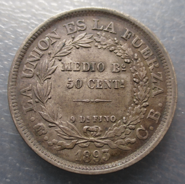 BOLIVIA 50 CENTAVOS - 1/2 BOLIVIANO 1893 PTS CB KM 161.5 - Imagen 2