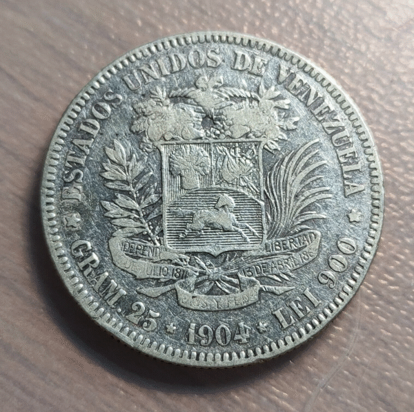 VENEZUELA 5 BOLIVARES 1904 BC+/MBC- - Imagen 2