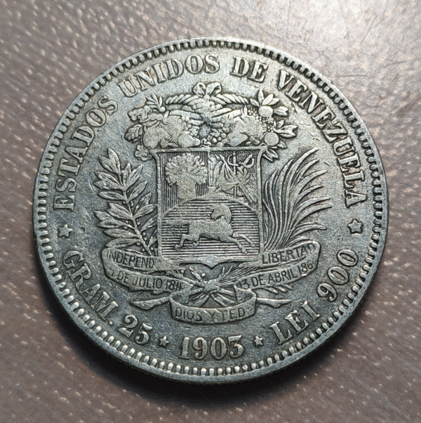 VENEZUELA 5 BOLIVARES 1903 MBC - Imagen 2