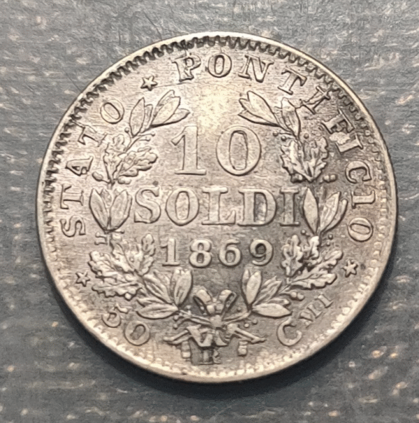 ESTADOS PAPALES VATICANO PIO IX 10 SOLDI 1869 MBC - Imagen 2