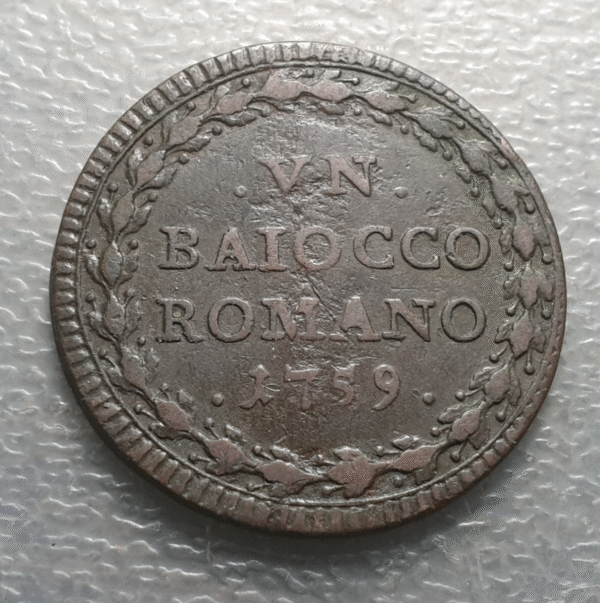 ESTADOS PAPALES PONTIFICIO VATICANO CLEMENTE XIII BAIOCCO ROMANO 1759 MBC- - Imagen 2