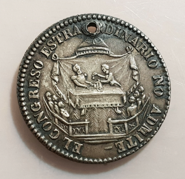 BOLIVIA MEDALLA RENUNCIA PRESIDENTE BELZU 1855 TAMAÑO 2 SOLES AGUJERO