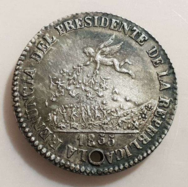 BOLIVIA MEDALLA RENUNCIA PRESIDENTE BELZU 1855 TAMAÑO 2 SOLES AGUJERO - Imagen 2