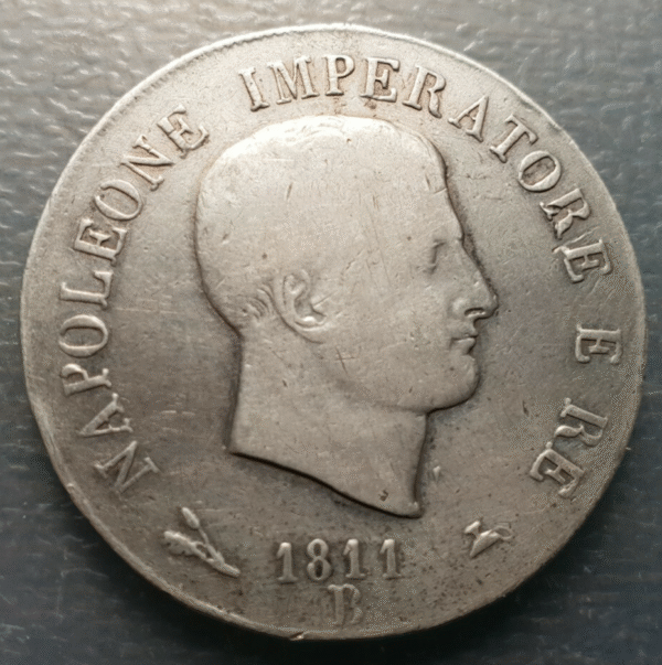 ITALIA REINO DE NAPOLEON 5 LIRE 1811 B BOLOGNA BOLONIA ESCASA MBC-
