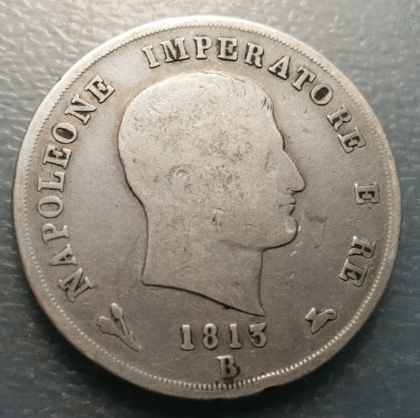 ITALIA REINO DE NAPOLEON 5 LIRE 1813 B BOLOGNA BOLONIA MUY ESCASA BC