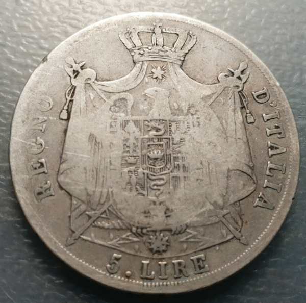 ITALIA REINO DE NAPOLEON 5 LIRE 1813 B BOLOGNA BOLONIA MUY ESCASA BC - Imagen 2