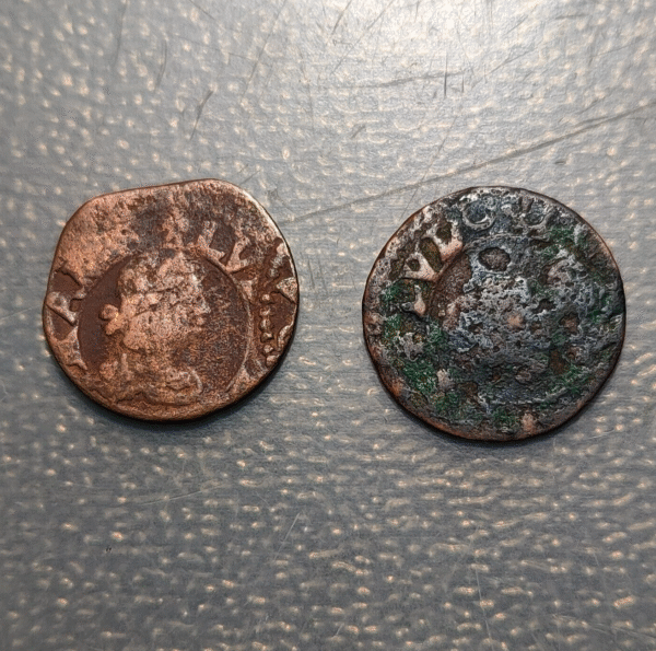 ESPAÑA VIC LOTE 2 MONEDAS GUERRA DELS SEGADORS DINER BUSTO LUIS XIV (1643-1646)