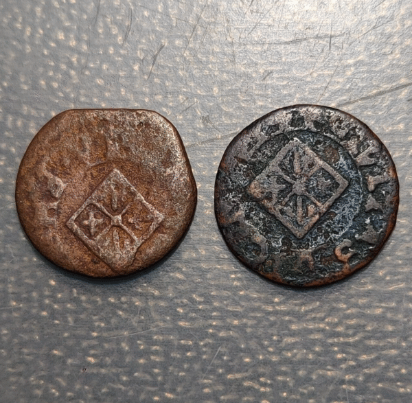 ESPAÑA VIC LOTE 2 MONEDAS GUERRA DELS SEGADORS DINER BUSTO LUIS XIV (1643-1646) - Imagen 2