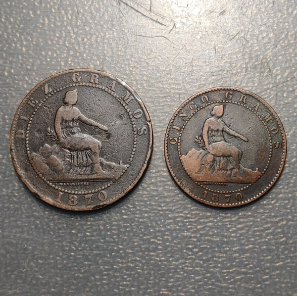 ESPAÑA LOTE 2 MONEDAS GOBIERNO PROVISIONAL 10 CENTIMOS 5 CENTIMOS 1870 - Imagen 2