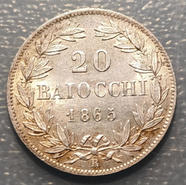 ESTADOS PAPALES VATICANO PIO IX 20 BAIOCCHI 1865 R SC-/SC - Imagen 2
