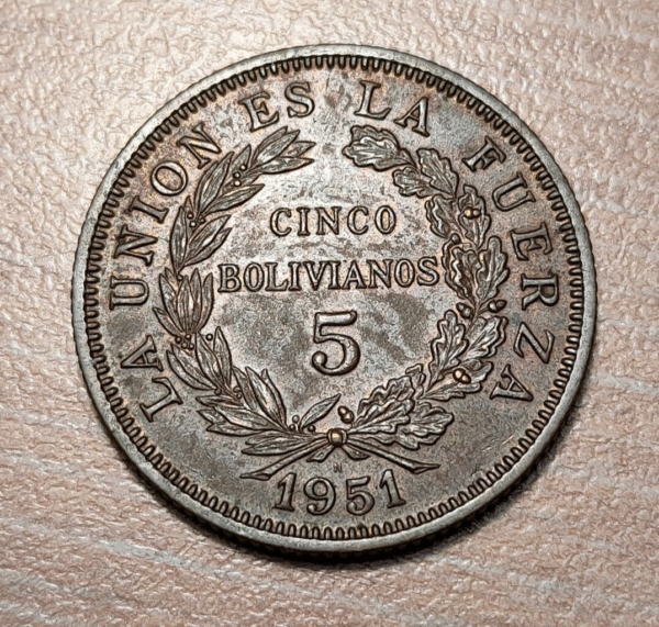 BOLIVIA 5 BOLIVIANOS 1951 EBC+ - Imagen 2