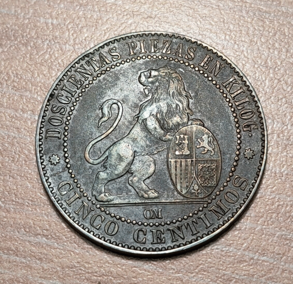 ESPAÑA GOBIERNO PROVISIONAL 5 CENTIMOS 1870 MBC+/EBC- - Imagen 2
