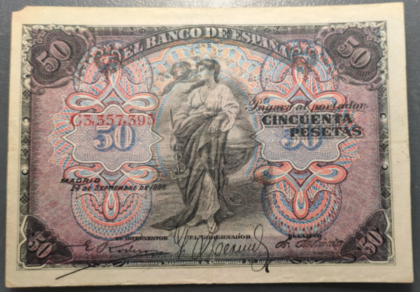 ESPAÑA SPAIN 50 PESETAS 1906 MBC- FALTA ESQUINA
