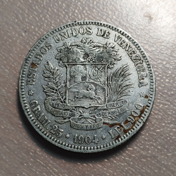 VENEZUELA 5 BOLIVARES 1904 MBC- - Imagen 2