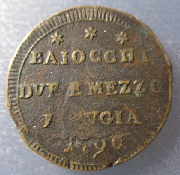 ESTADOS PAPALES PONTIFICIO VATICANO PERUGIA PIO VI 2 1/2 BAIOCCHI 1796 - Imagen 2
