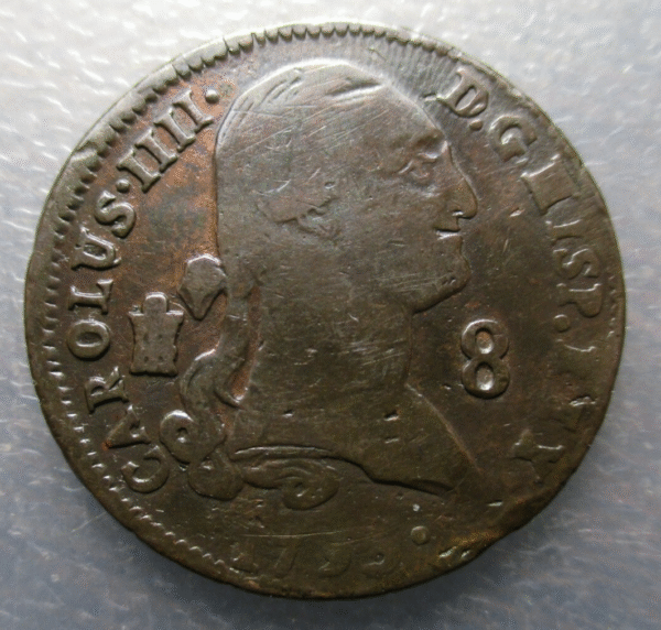 SPAIN CHARLES IV SEGOVIA 8 MARAVEDIS 1795 DATE NOT FULLY VISIBLE