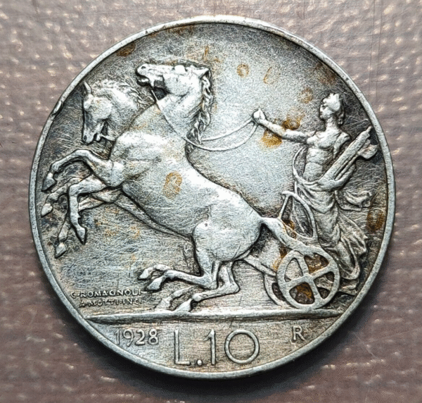 ITALIA REINO VITTORIO EMANUELE III 10 LIRAS 10 LIRE 1928 RAYITAS LIMPIEZA